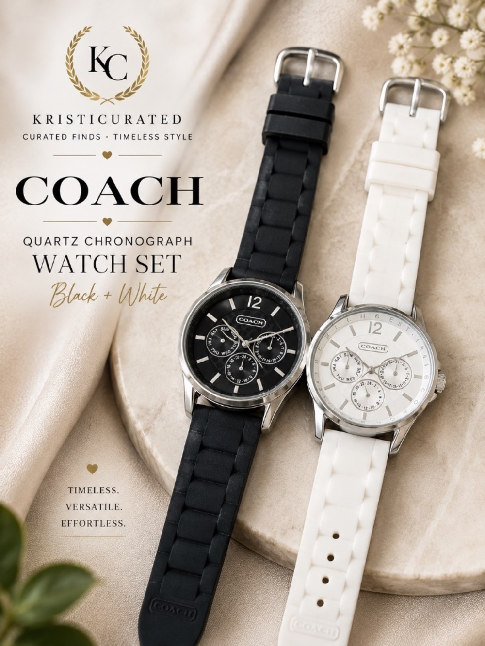 COACH Chronograph Watch Set Black White Rubber Strap 2010s
